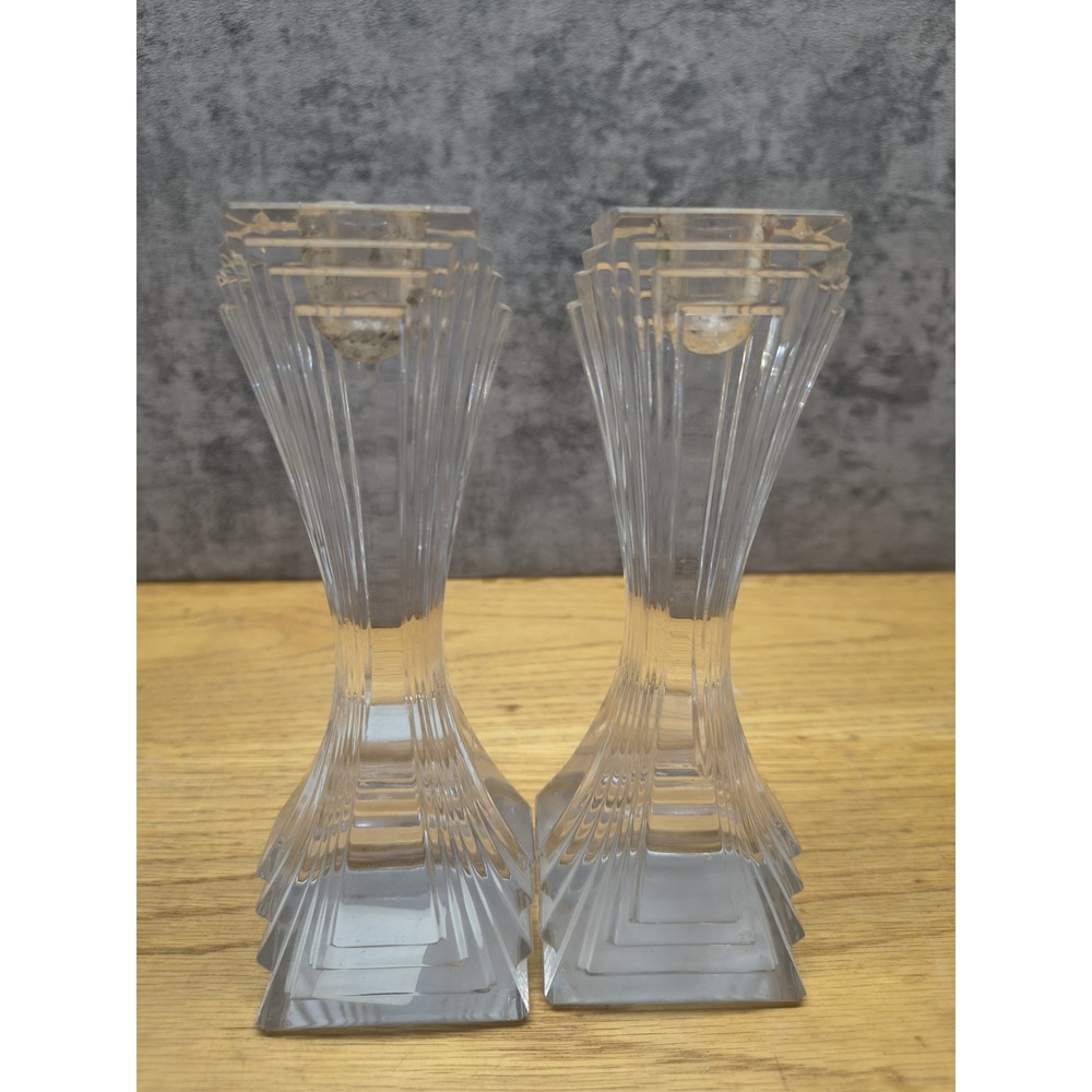 Mikasa Art Deco Style Taper Lead Crystal Glass Candle Sticks Holders Set Of 2